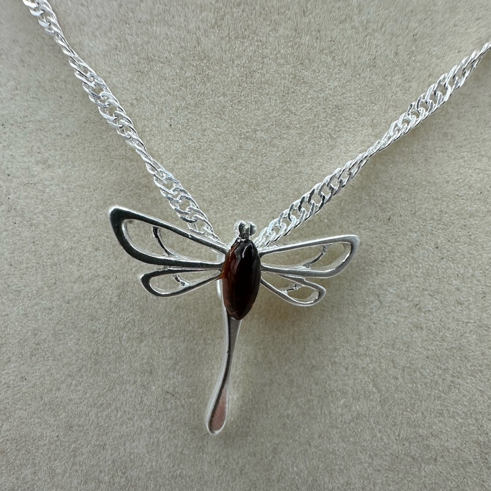 Amber Sterling Silver Butterfly Pendant on Silver Twisted Chain - Picture 4 of 7